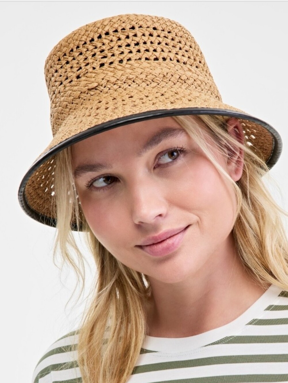 On 34th Faux-Leather-Trim Straw Bucket Hat, Exclusively at Macy's - NWT